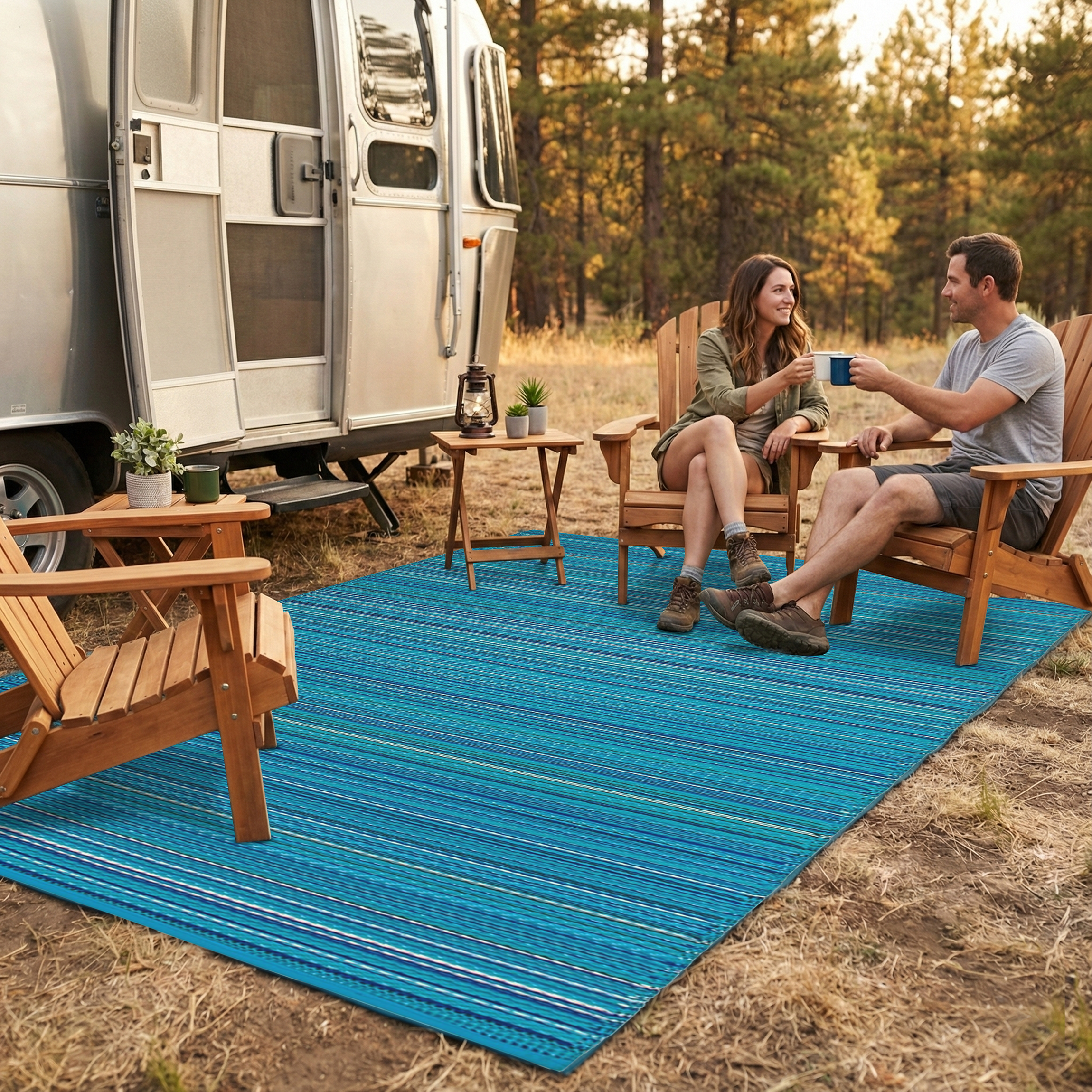 Lifestyle view of couple on turquoise striped foldable outdoor rug by camper trailer